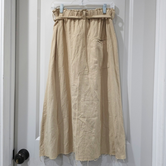 Tan Linen Cotton Blend Elastic Waist Midi Skirt, Tie Belt, Front Slit, Pockets - Picture 6 of 14